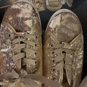 Golden bling dreamy shimmery sequins covered lace ups in gold by BeBe size 7.5 -
